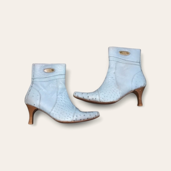 White Diamonds Ostrich Leather Side Zip Heeled Western Boot in Powder Blue - Picture 2 of 9